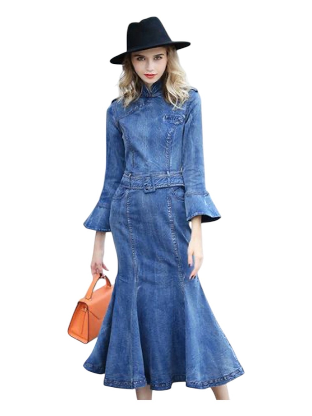 STYLEWE Reign Denim Belted Mermaid Maxi Dress in Blue Denim